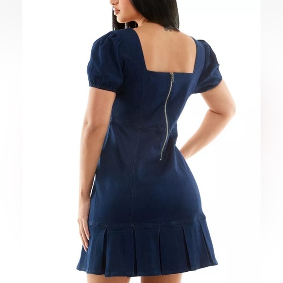Planet Gold Women's Juniors' Puff-Sleeve Denim Dress (Navy, Medium) - Picture 3 of 11
